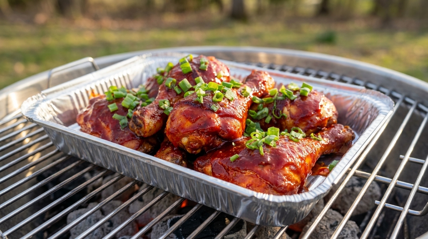 Cosce di pollo grigliate alla perfezione, glassate con salsa al peperoncino coreano e guarnite con cipollotti freschi.