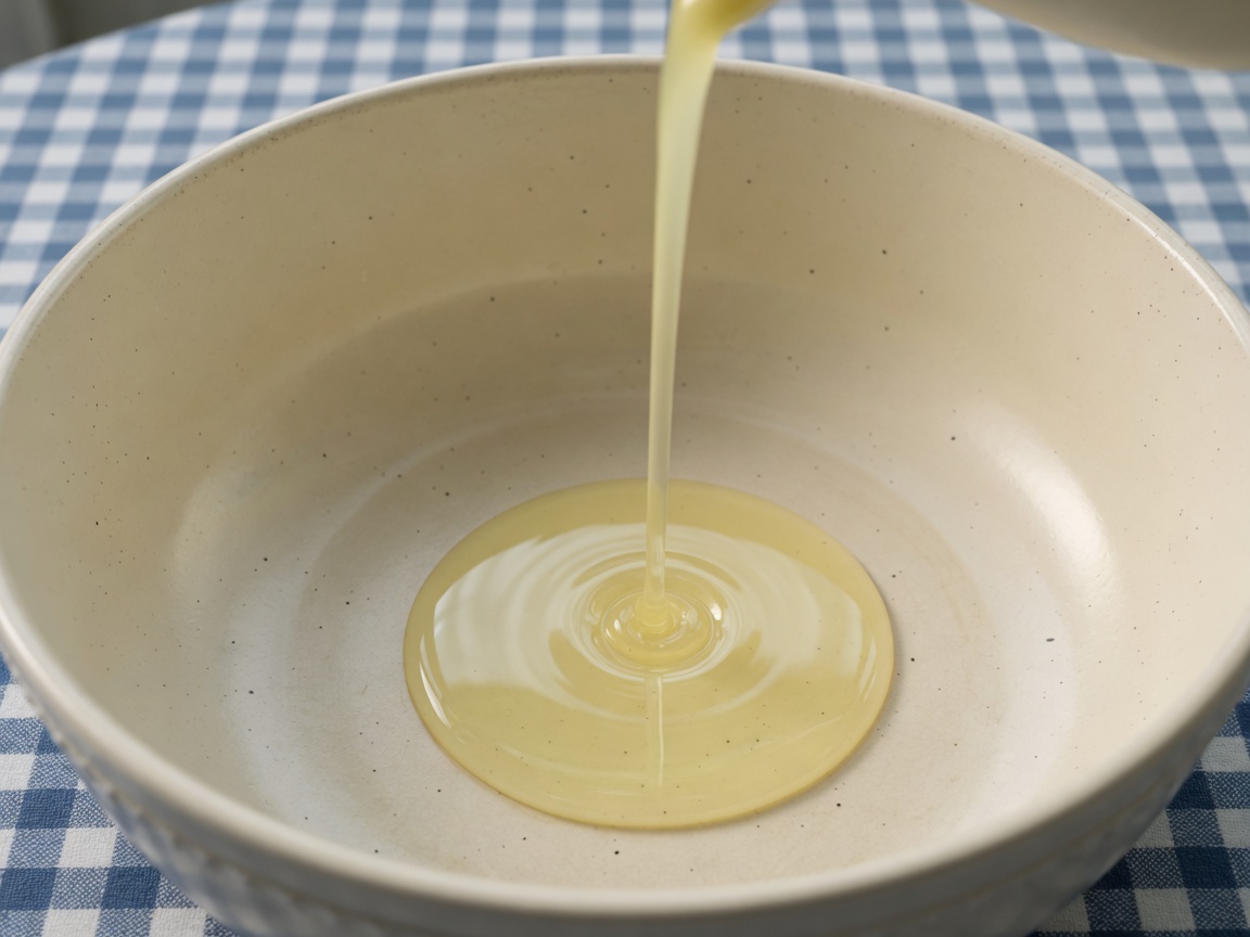 Olio di semi versato in una pentola bianca pulita.