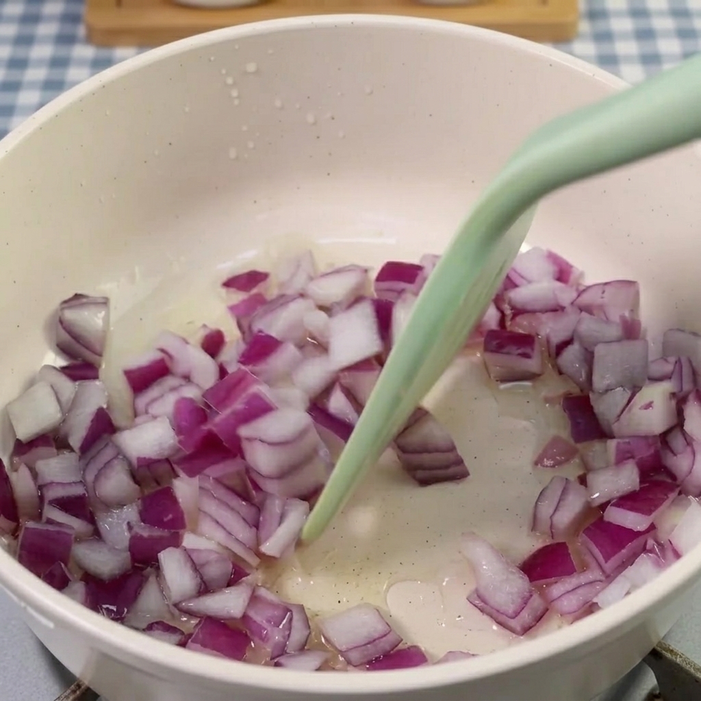 Kimchi aggiunto nella pentola contenente la cipolla rossa soffritta.