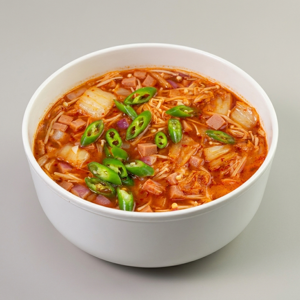 Fette di peperoncino verde aggiunte a una pentola bollente di zuppa piccante di kimchi e funghi.