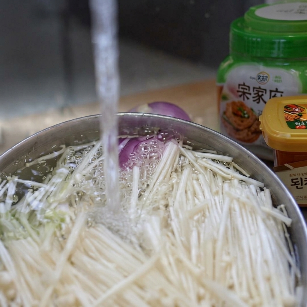 Funghi enoki lavati in una ciotola sotto un getto dacqua fredda.