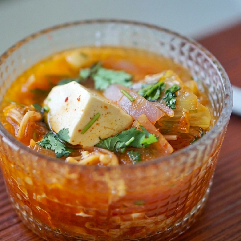 Cubetti di tofu aggiunti con cura nella zuppa di kimchi che bolle.