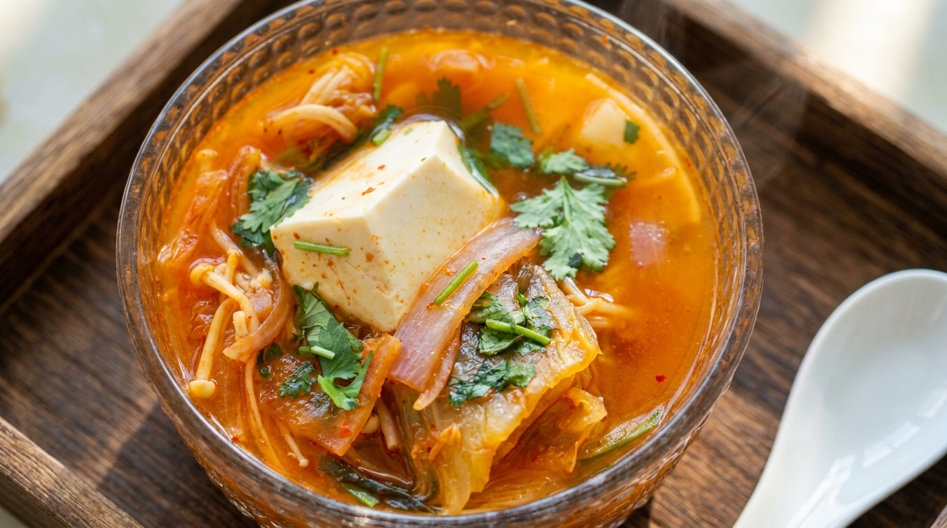 Zuppa Coreana di Kimchi, Tofu e Funghi Enoki
