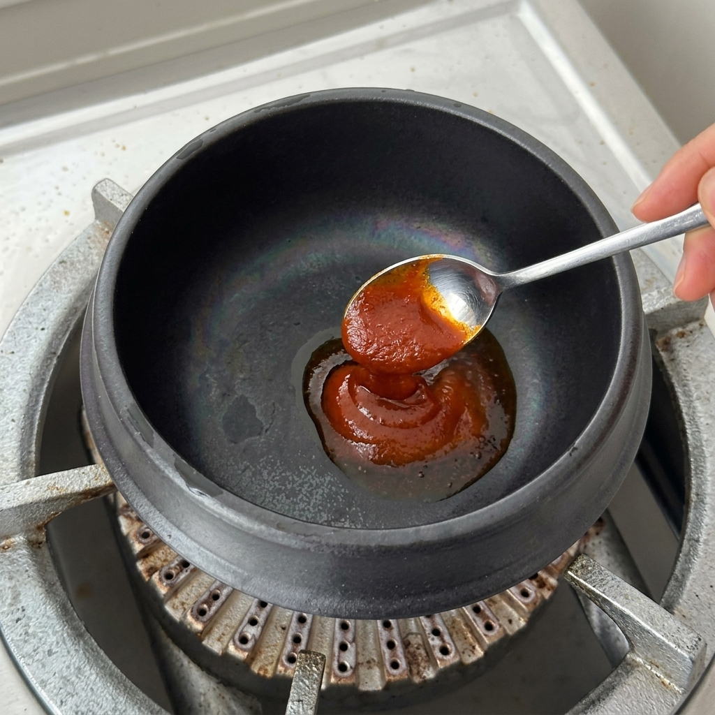 Fette di cipolla bianca e aglio tritato aggiunti alla pentola calda con la base di peperoncino.