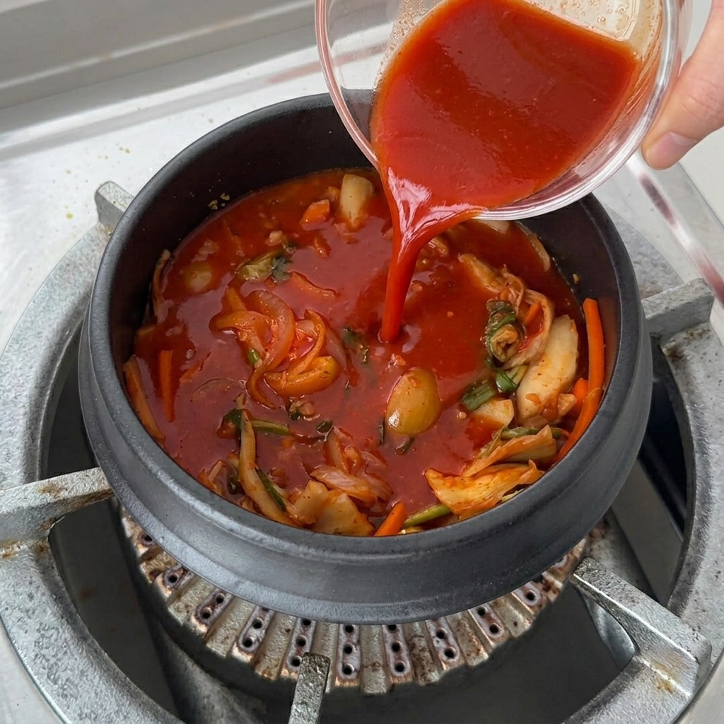 Fette di tofu sodo e un grande mazzetto di funghi enoki inseriti nel brodo di kimchi bollente.