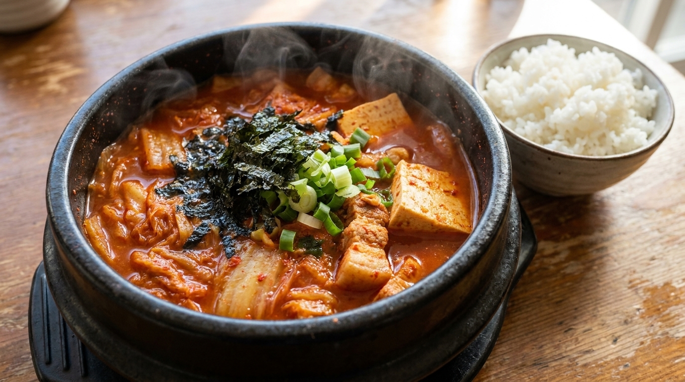 Un Kimchi Jjigae bollente servito in una tradizionale pentola di terracotta nera con riso bianco al vapore.