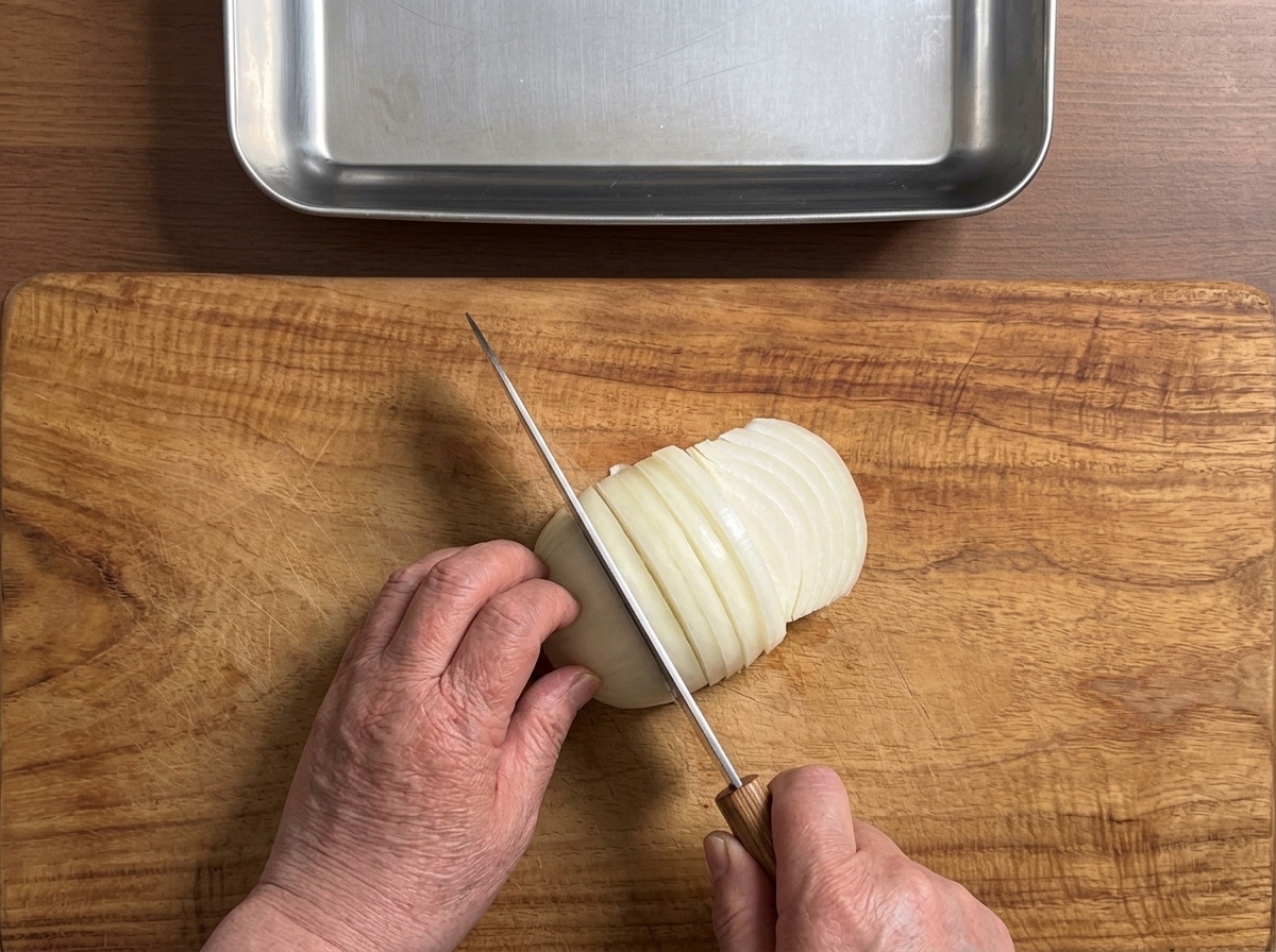 Una cipolla tagliata accuratamente in fette spesse e uniformi su un tagliere di legno.