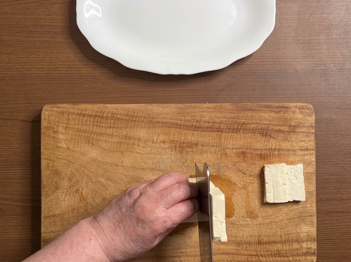 Un panetto di tofu tagliato in fette spesse e ordinate su un tagliere di legno.