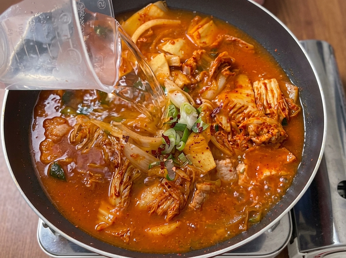 Acqua versata da un misurino in una padella piena di kimchi e maiale soffritti.