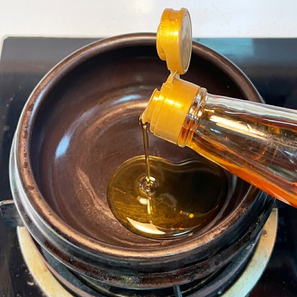 Olio di sesamo versato in una pentola di terracotta nera vuota e riscaldata sul fornello.