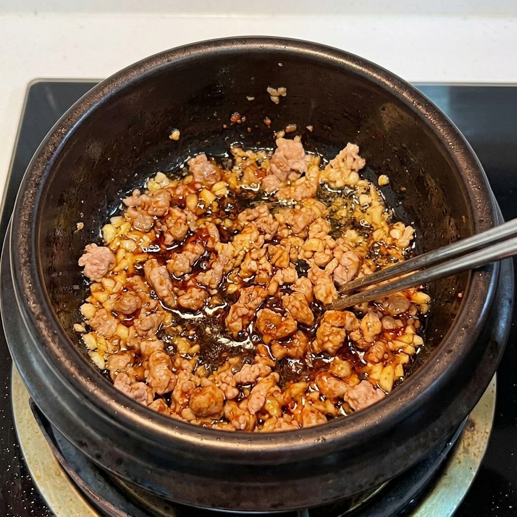 Kimchi a fette e macinato di maiale mescolati insieme in una pentola di terracotta, saltati finché non diventano fragranti.