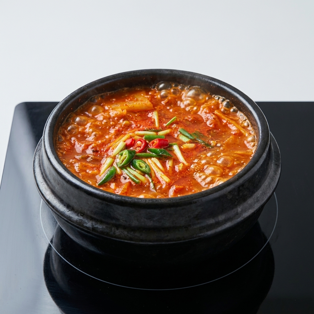 Pasta di peperoncino e pasta di soia mescolate nel kimchi e maiale saltati in una pentola calda.
