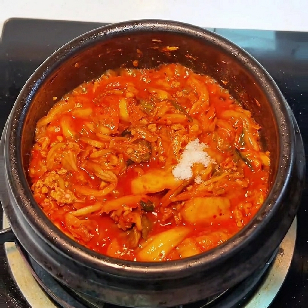 Un piccolo mucchietto di zucchero bianco aggiunto al composto di kimchi e maiale che sobbolle nella pentola.