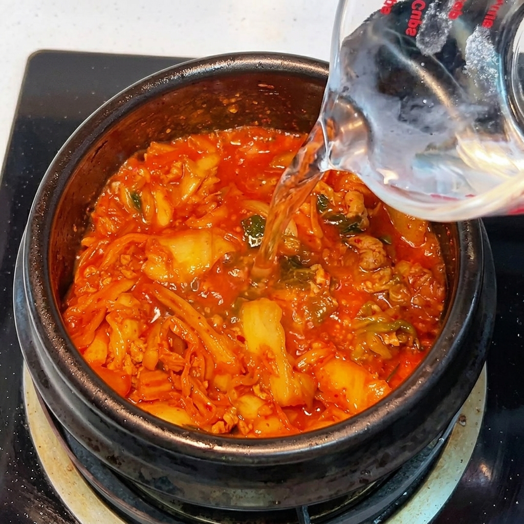 Acqua calda versata da un misurino nella pentola di terracotta contenente il composto di kimchi.