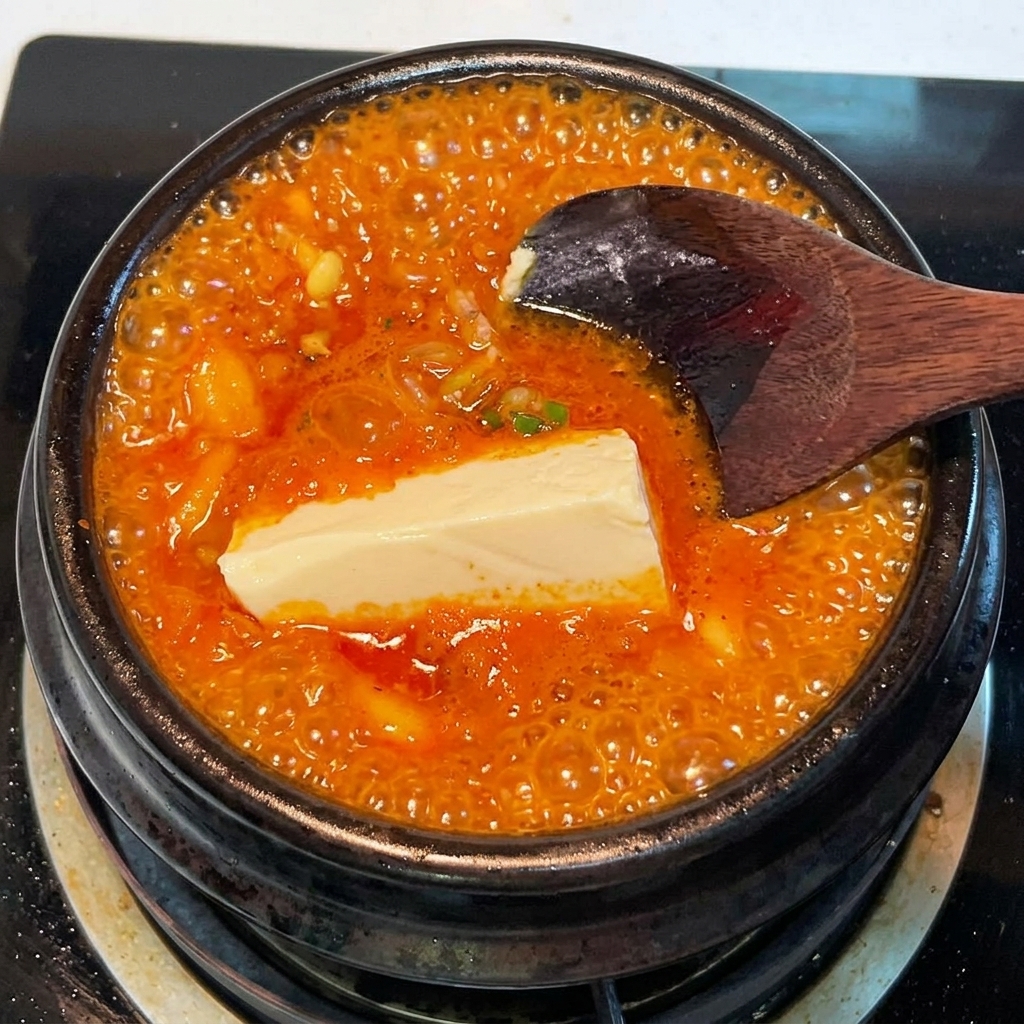Un blocco di tofu vellutato bianco immerso in uno stufato di kimchi rosso vivace che ribolle.