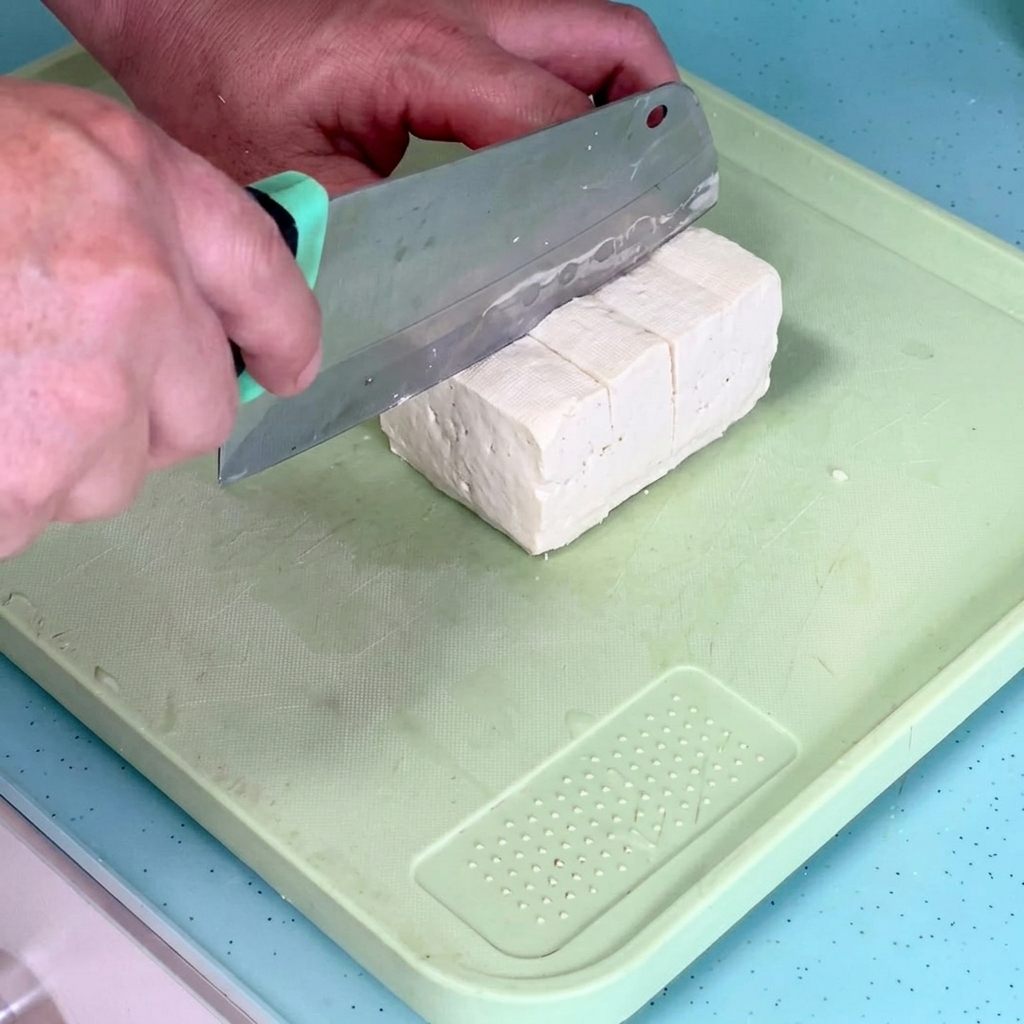 Blocco di tofu tagliato in fette uniformi di 0,8 cm su un tagliere verde.