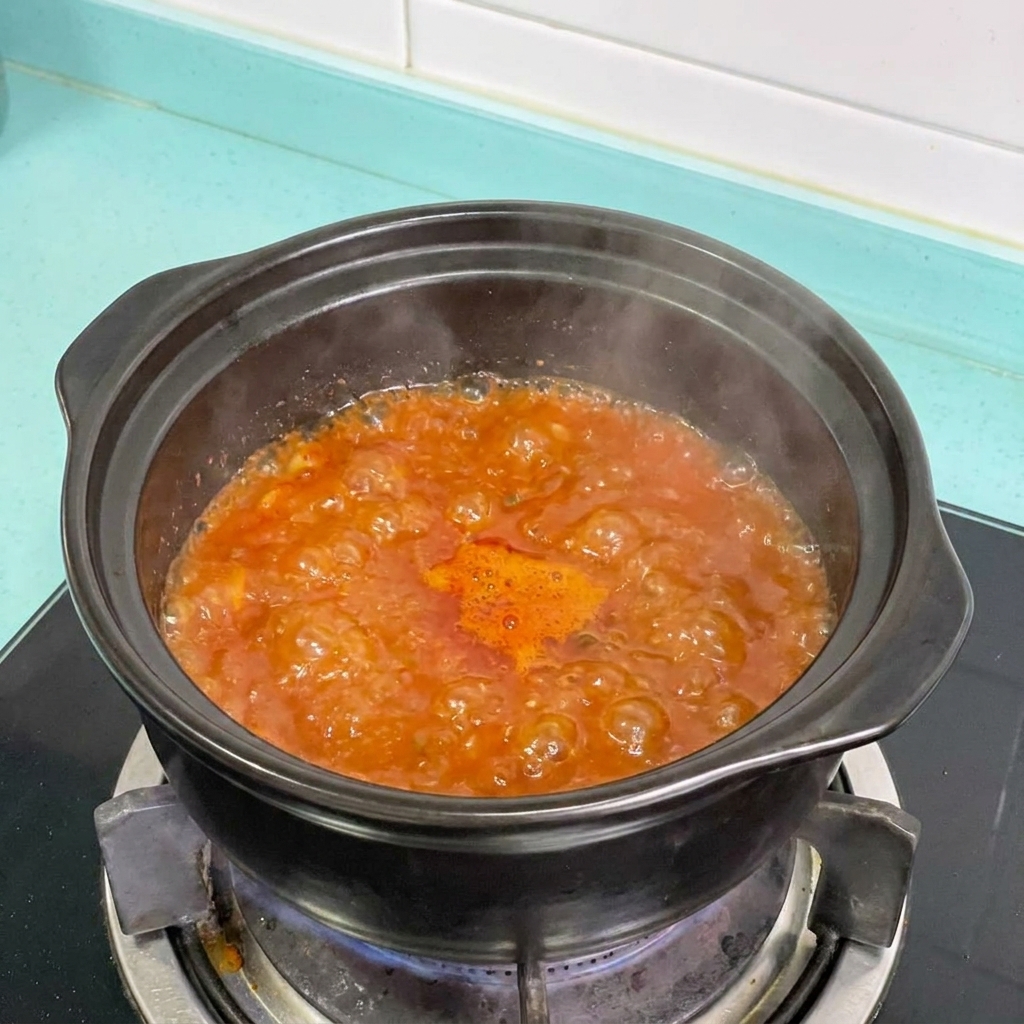 Cipolla e tofu aggiunti a una pentola di stufato coreano rosso bollente.