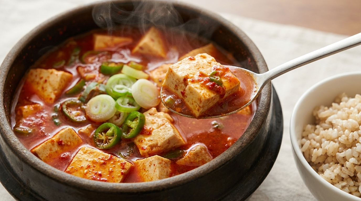 Una ricca ciotola di stufato coreano piccante di tofu morbido, con cubetti di tofu setoso e aromi freschi.