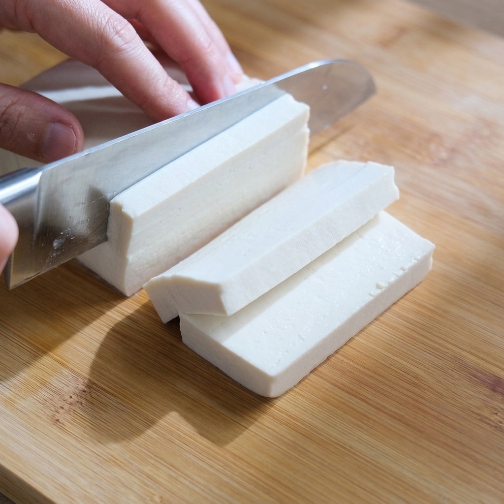 Un panetto di tofu bianco tagliato in piccoli cubetti uniformi su un tagliere di legno.