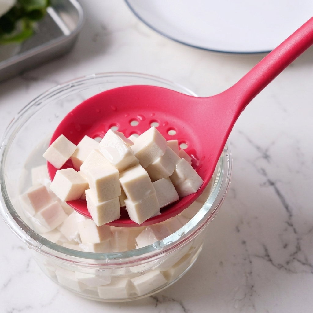 Cubetti di tofu sollevati da una ciotola dacqua con un cucchiaio forato rosa.