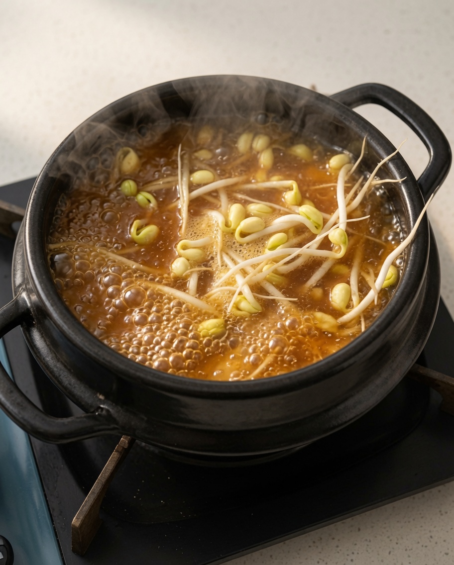 Germogli di soia, fettine di cipolla bianca e cubetti di tofu aggiunti alla zuppa in ebollizione.