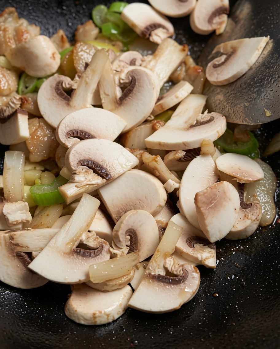 Funghi affettati che cuociono in padella con il maiale e gli aromi.