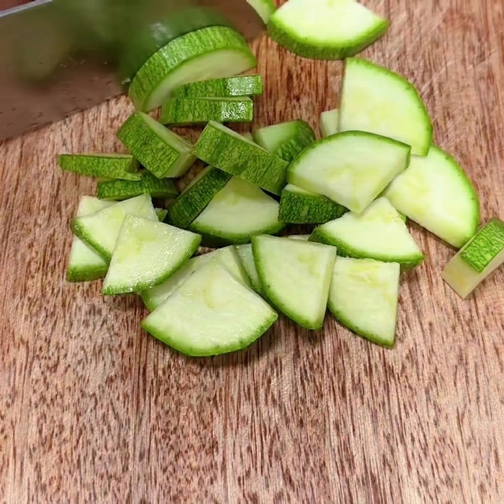Zucchina verde fresca tagliata a piccoli pezzi uniformi disposti su un tagliere di legno.