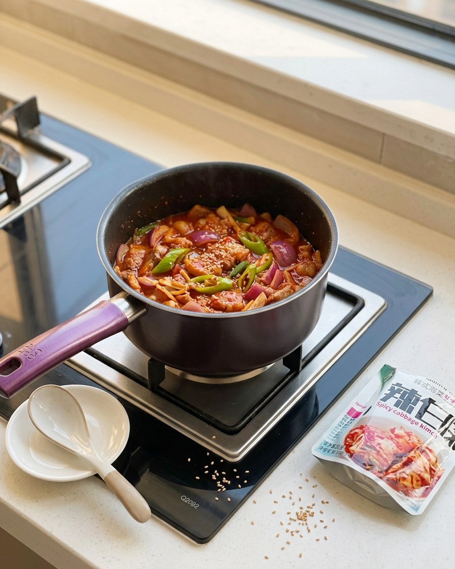 Saltare il kimchi insieme alla pancetta e agli aromi in una pentola.