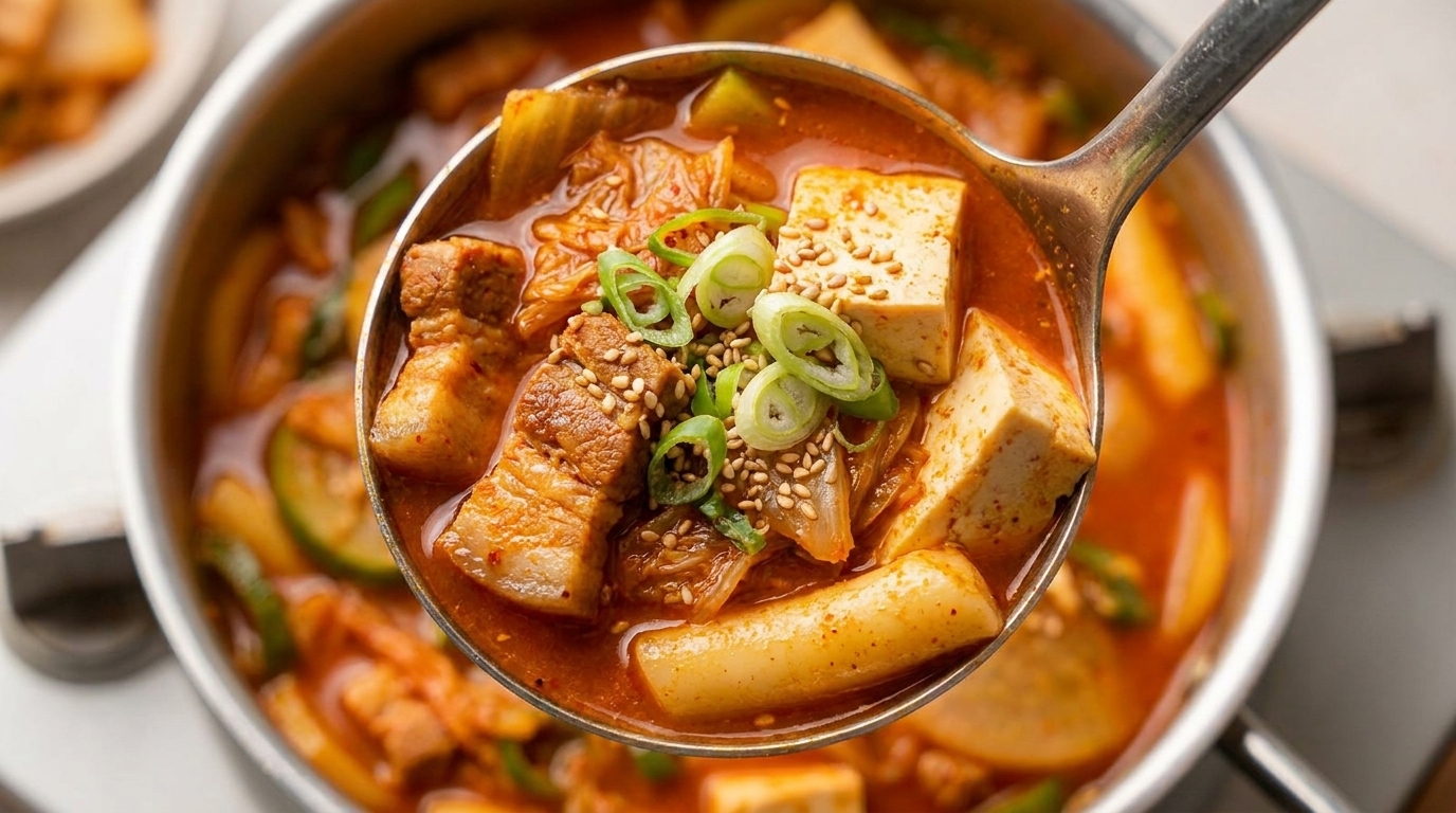 Stufato piccante di pancetta di maiale, tteok e tofu