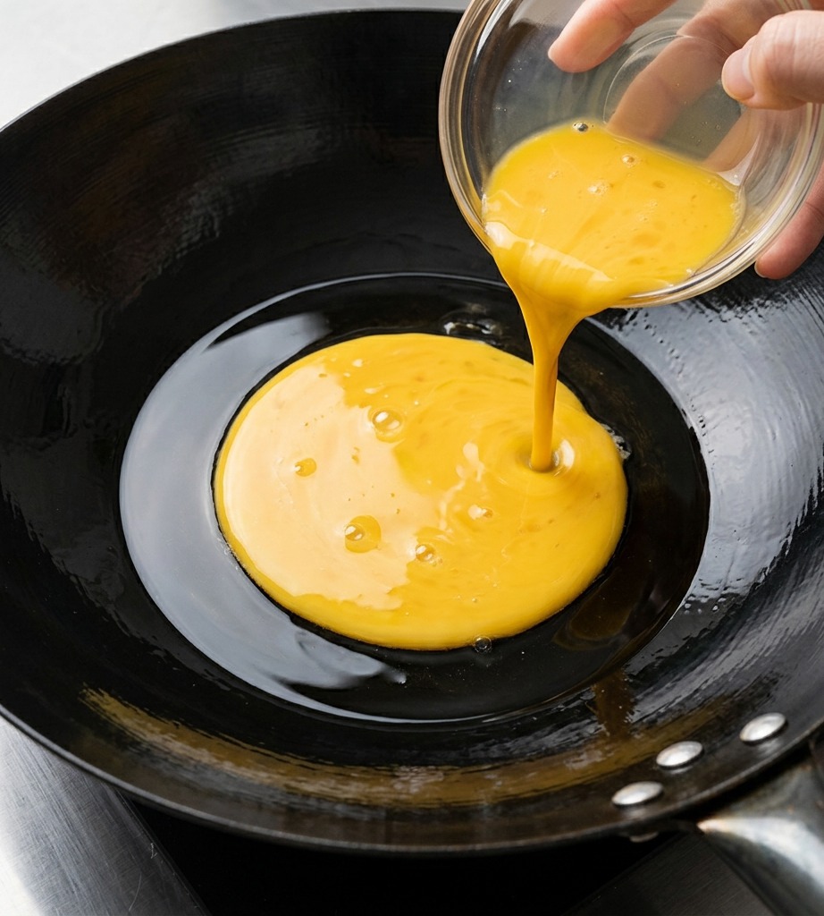 Uova sbattute in un wok caldo con un filo dolio, che assumono una consistenza soffice e gialla.