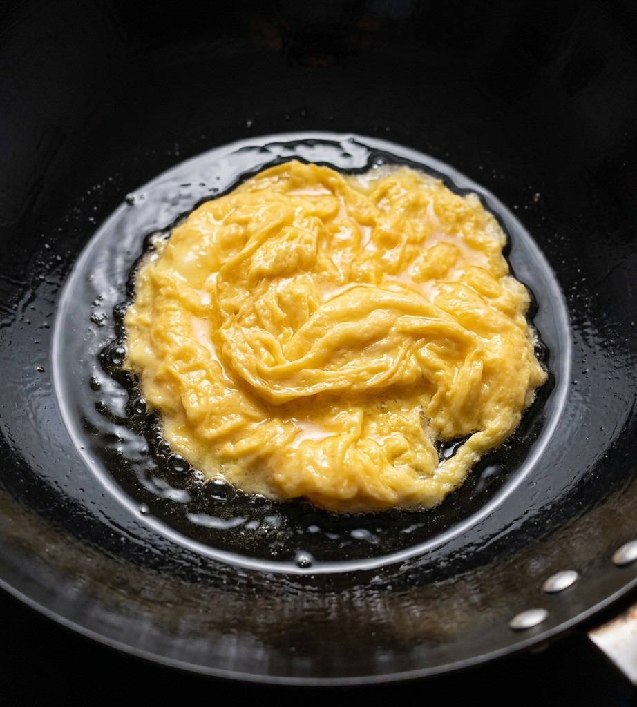 Acqua bollente versata nel wok con le uova strapazzate, creando un brodo leggero e frizzante.