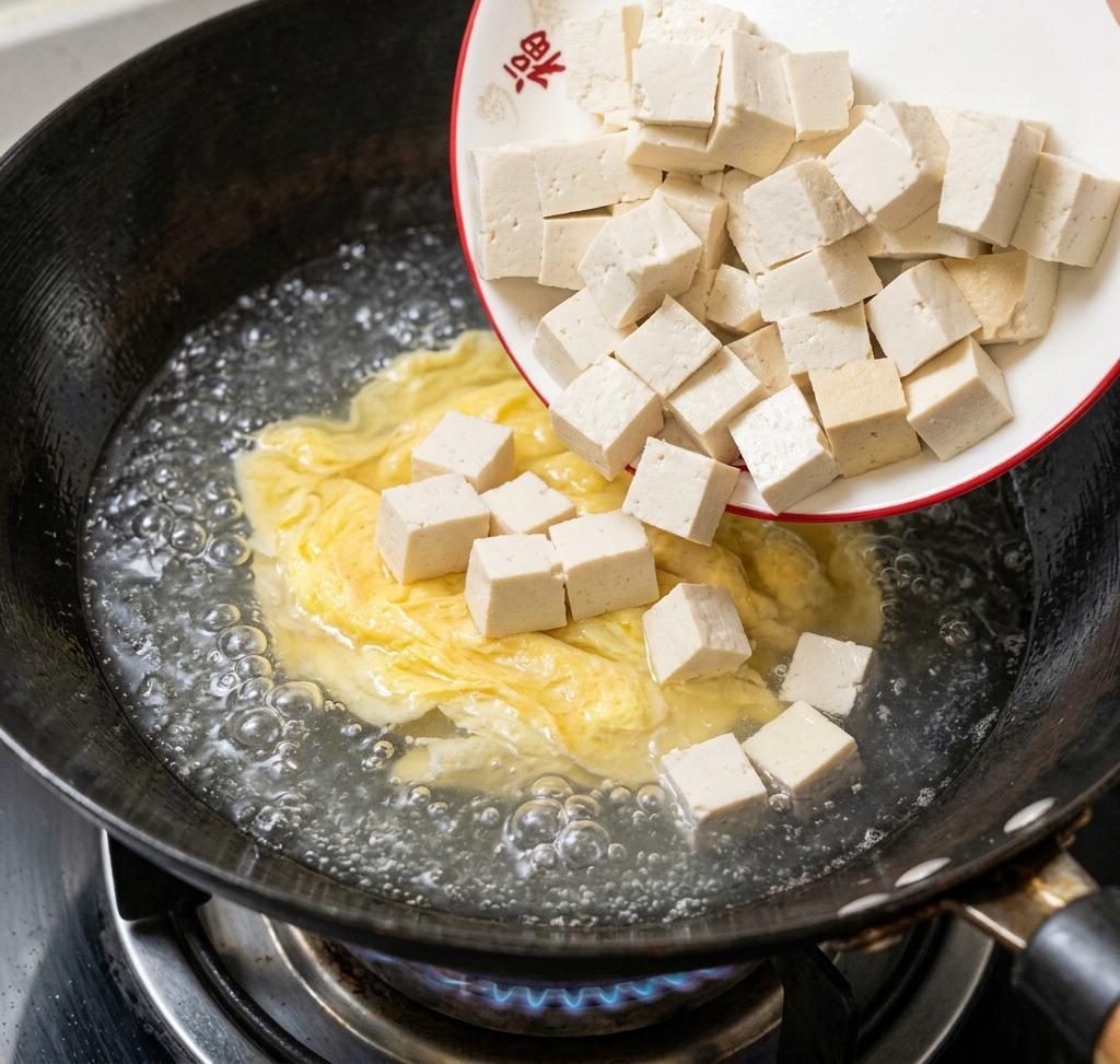Cubetti di tofu aggiunti in una padella con il brodo di uova in sobbollizione.