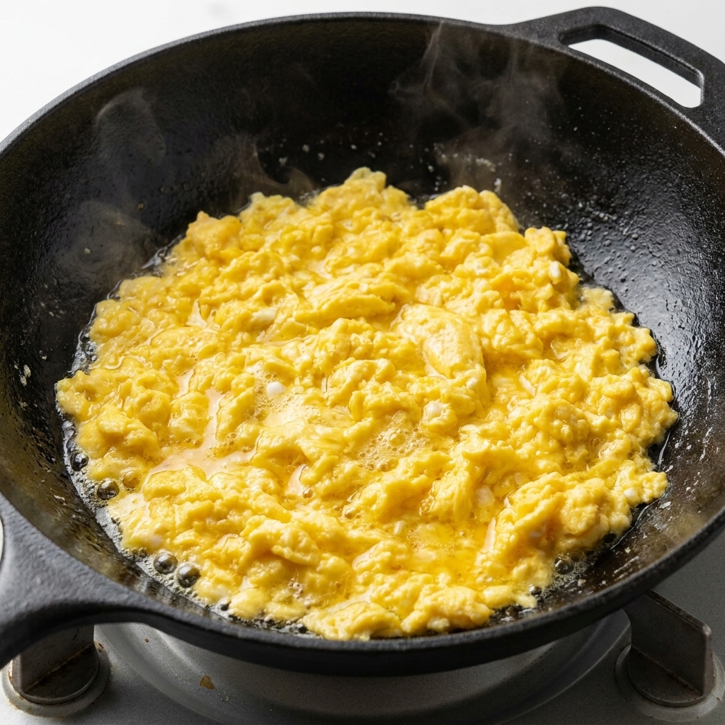 Il composto di uova salate saltato in padella, profumato e leggermente schiumoso in un wok.