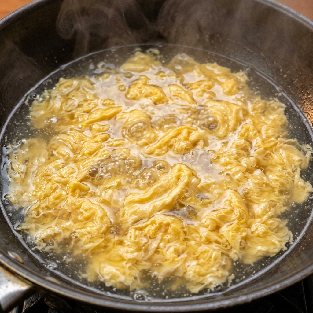 Acqua bollente versata in un wok con uova salate cotte.