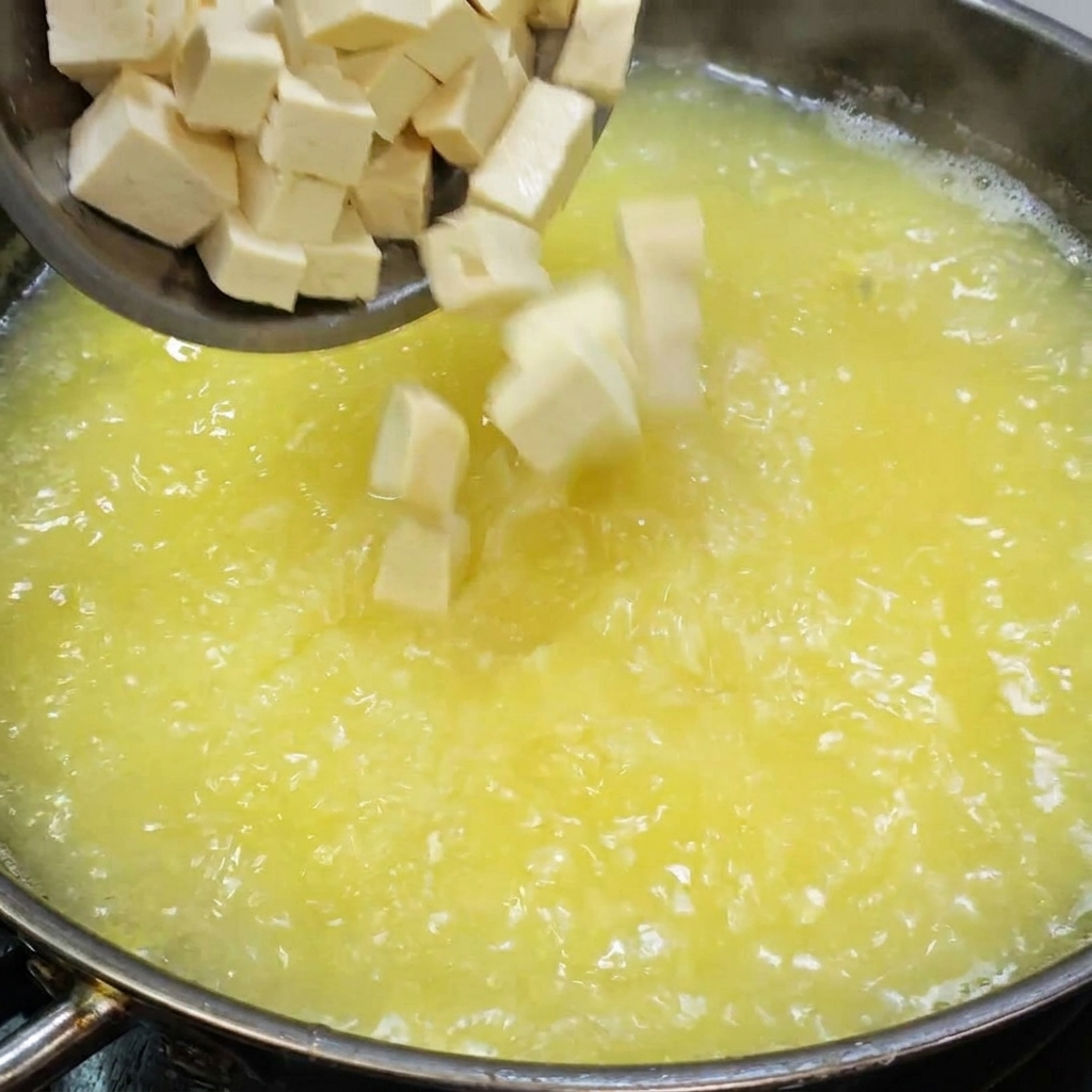 Cubetti di tofu aggiunti a una pentola di zuppa di uova salate che sobbolle.