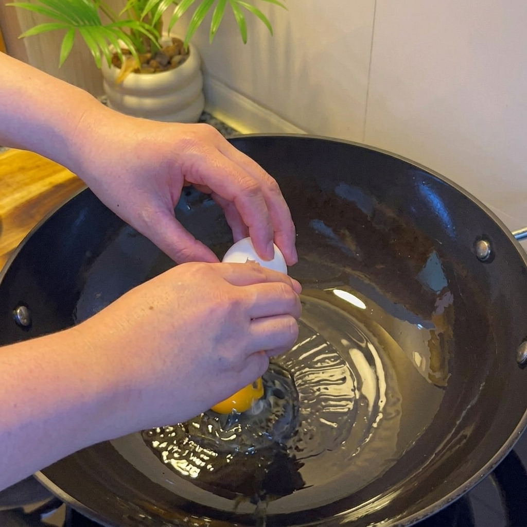 Un uovo fritto dorato in un wok con olio.