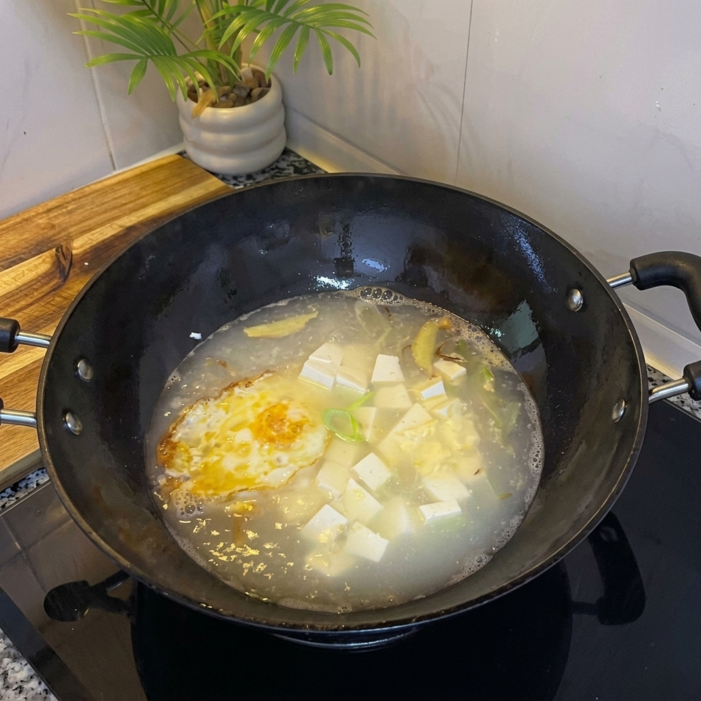 Brodo con uovo e tofu che viene insaporito.