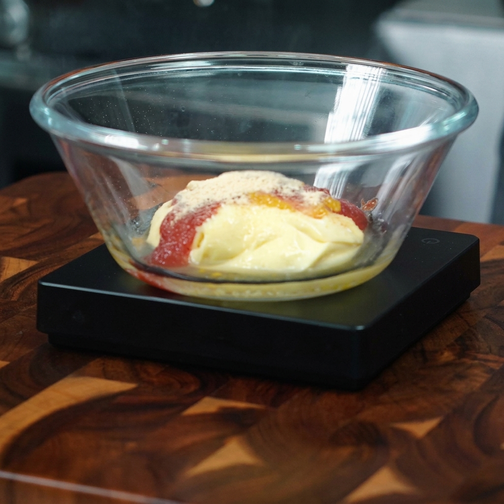 Vista ravvicinata di una ciotola di vetro con gli ingredienti della salsa e 1g di cipolla in polvere aggiunta sopra.