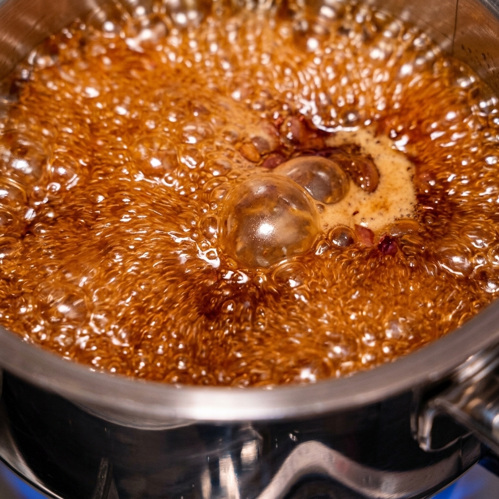 Salsa liscia e marrone scuro che viene versata da un contenitore di un frullatore.