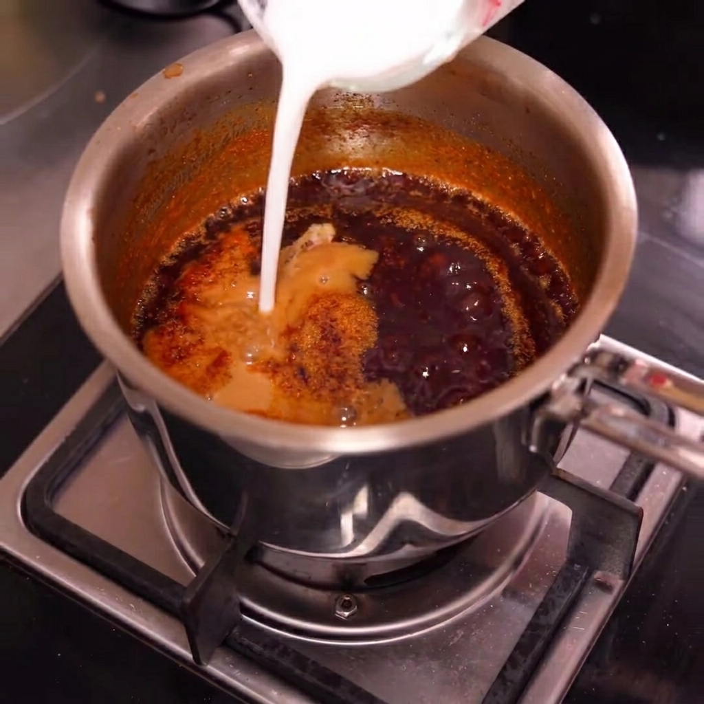 Salsa che si addensa gorgogliando in una padella dopo laggiunta di una miscela di fecola di mais.
