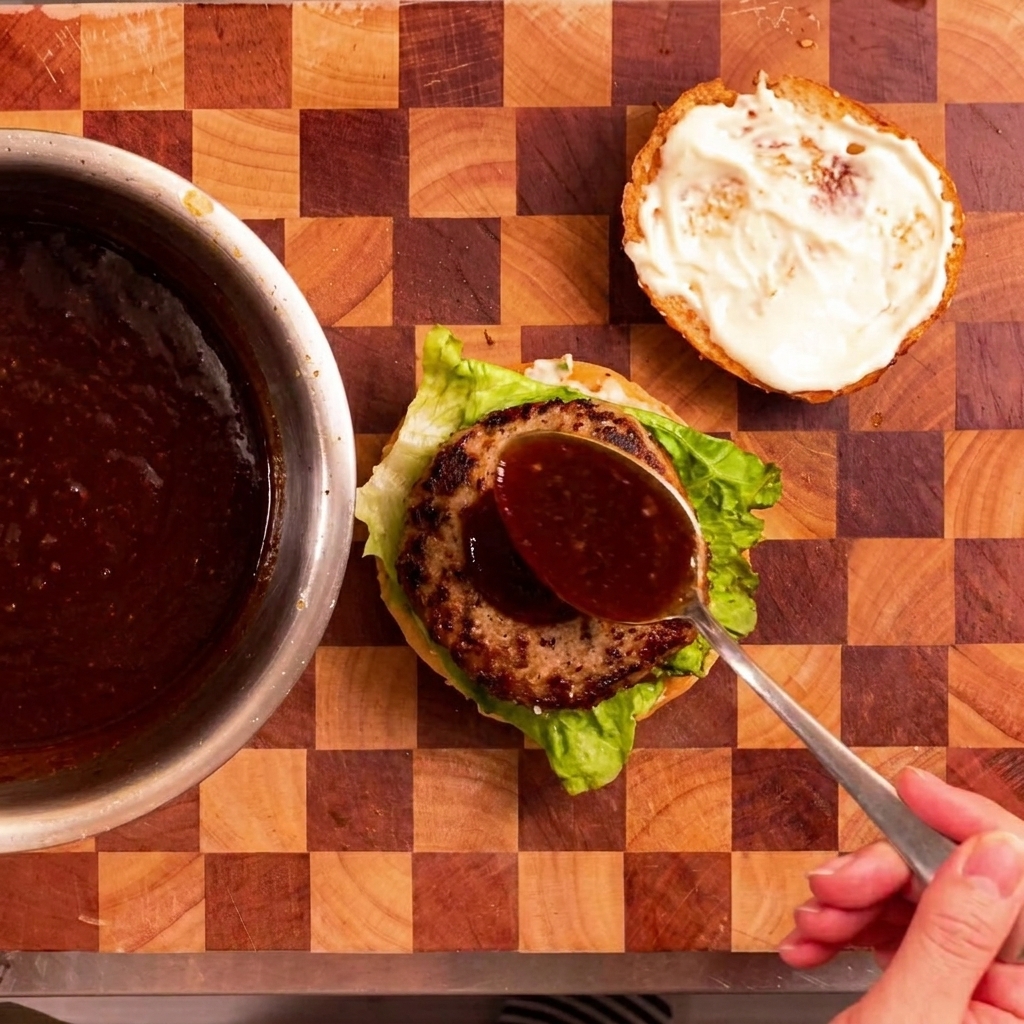 Un primo piano di un cucchiaio che versa della salsa teriyaki scura e lucida su una polpetta di manzo cotta poggiata su un letto di lattuga fresca.