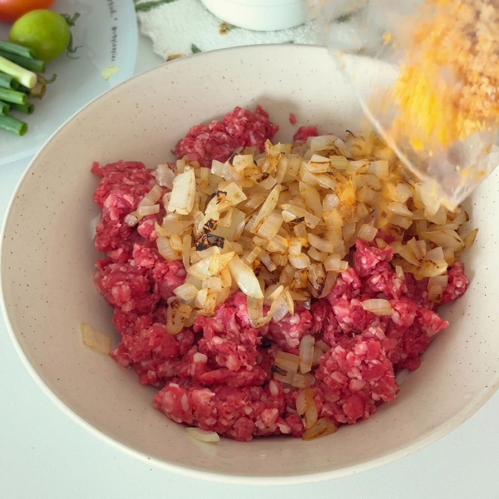 Il composto di pangrattato umido versato nella ciotola con carne e cipolla.