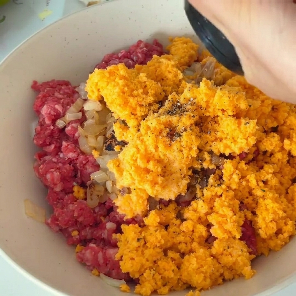 Pepe nero macinato fresco e sale aggiunti al composto di carne e verdure.