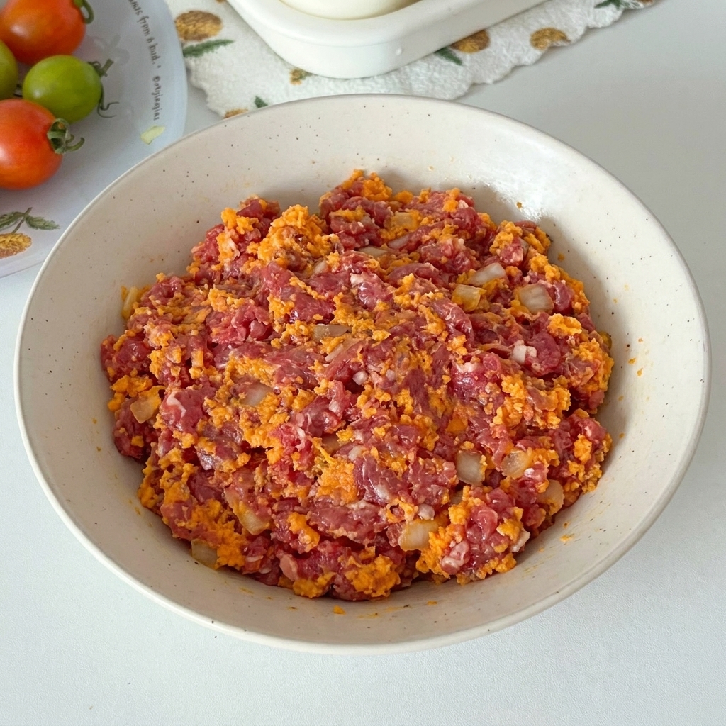 Una ciotola contenente manzo, cipolle e pangrattato mescolata a mano con un guanto.