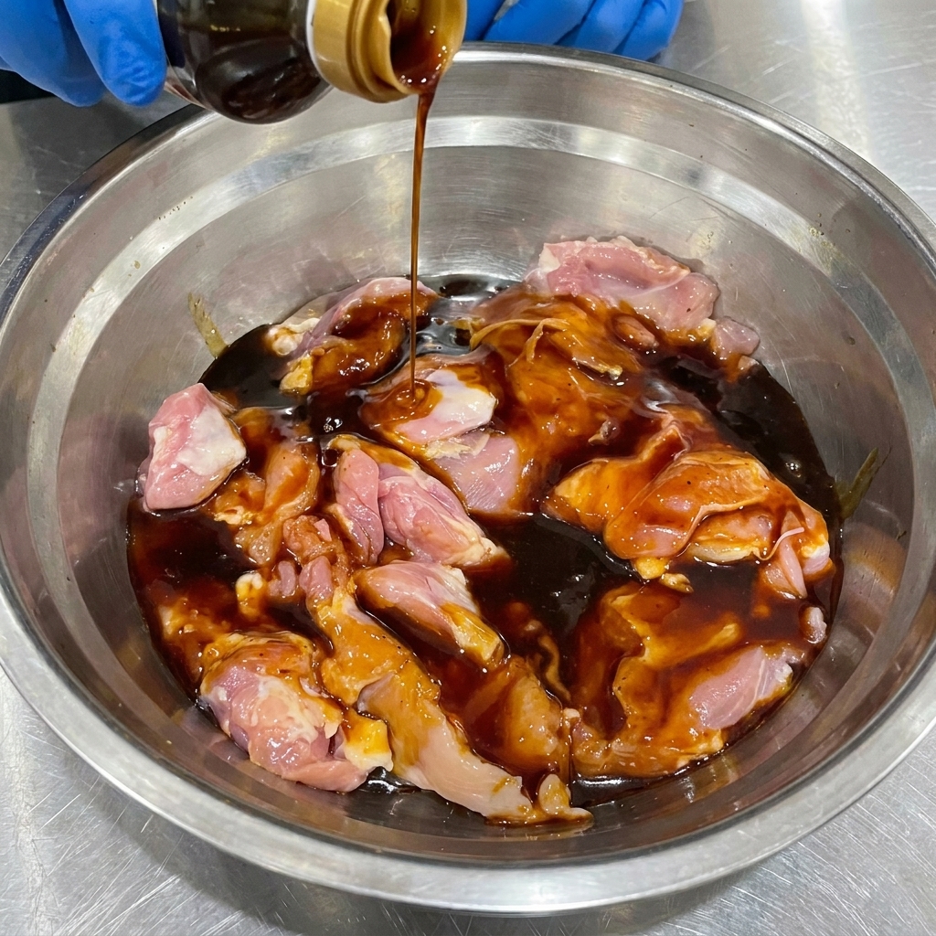 Cosce di pollo crude disossate in una ciotola di metallo ricoperte di salsa teriyaki scura.
