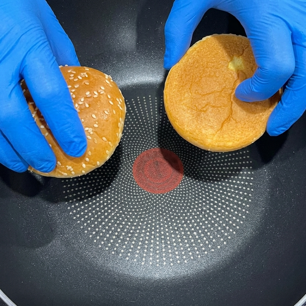Panini brioche per hamburger tostati in padella.