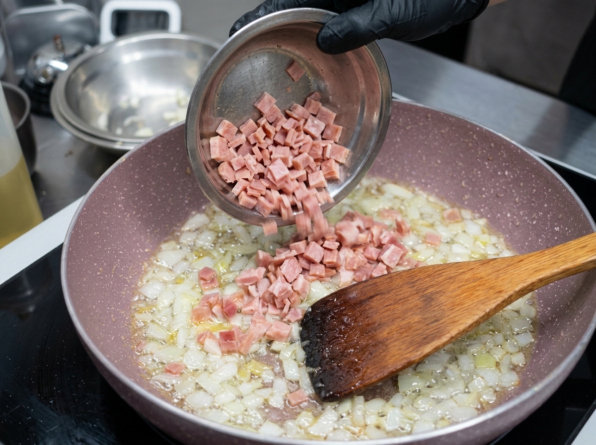Piccoli pezzi di pancetta aggiunti al soffritto di cipolla e aglio in padella.