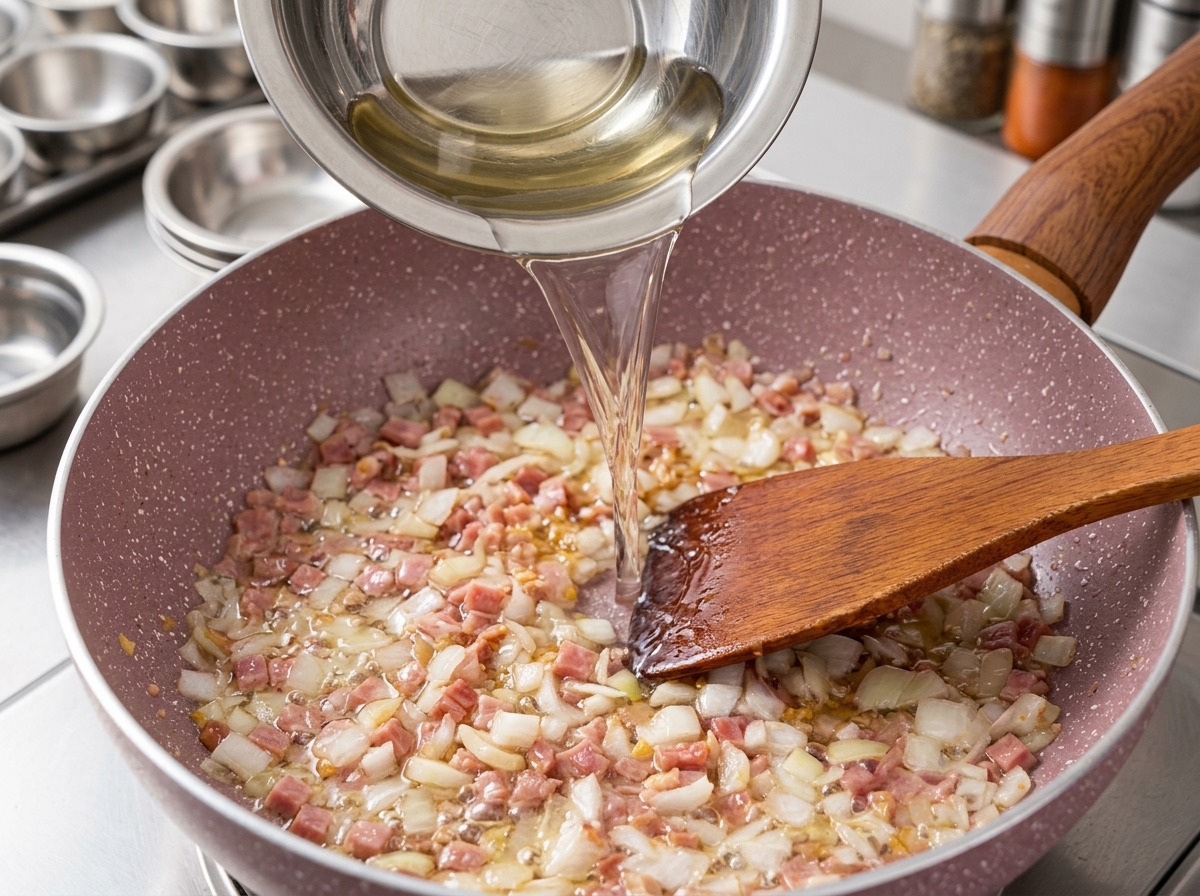 Liquido trasparente versato da una ciotola di metallo nella padella con pancetta e cipolle.