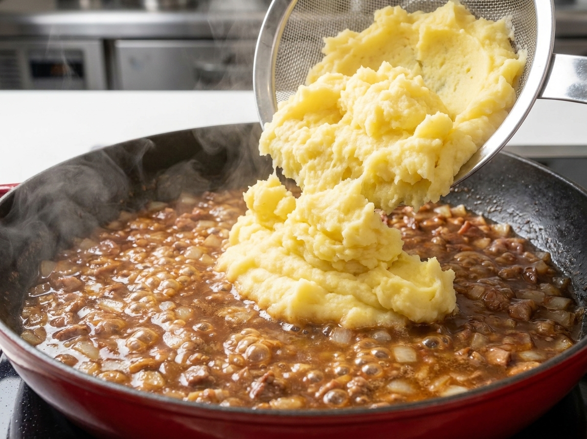 Una porzione generosa di purè di patate liscio aggiunto nella padella in ebollizione.