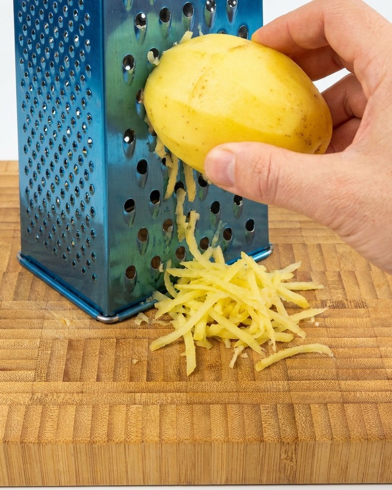 Patata finemente grattugiata su un tagliere di legno accanto a una grattugia manuale blu.
